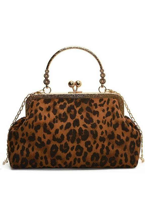 Small Leopard Suede Evening Clutch Purse with Chain Cheetah Print Kiss Lock Evening Tote Handbag and Purse Clutch Bag