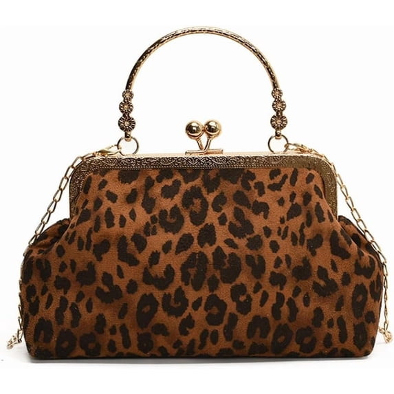 Small Leopard Suede Evening Clutch Purse with Chain Cheetah Print Kiss Lock Evening Tote Handbag and Purse Clutch Bag