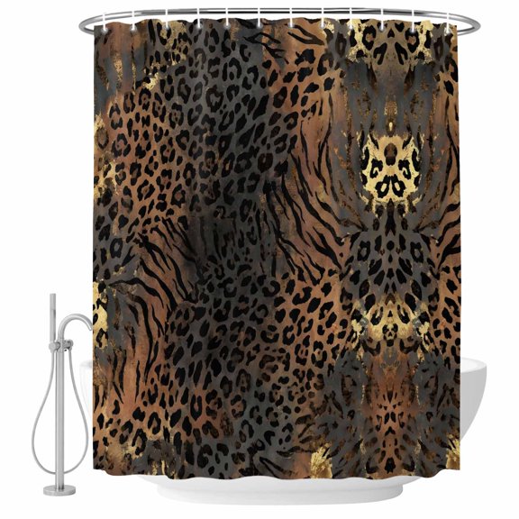 Leopard Print Shower Curtain, 48"x72", Ethnic Style Gold Black Gradient Fur Texture Waterproof Bathroom Curtain Washable Shower Curtain Set with 12 Hooks