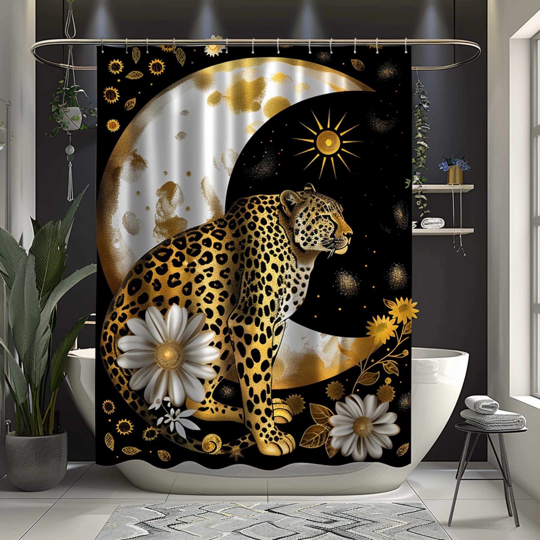 Leopard Print Shower Curtain Elegant Black and Gold Bathroom Decor ...
