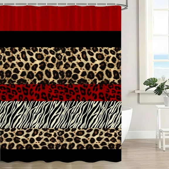 Leopard Print Shower Curtain Red Black Brown Cheetah Geometric Stripes Pattern African Wildlife Rustic Modern Abstract Fabric Curtain with Hook-72"W x 72"L (Pack of 1)