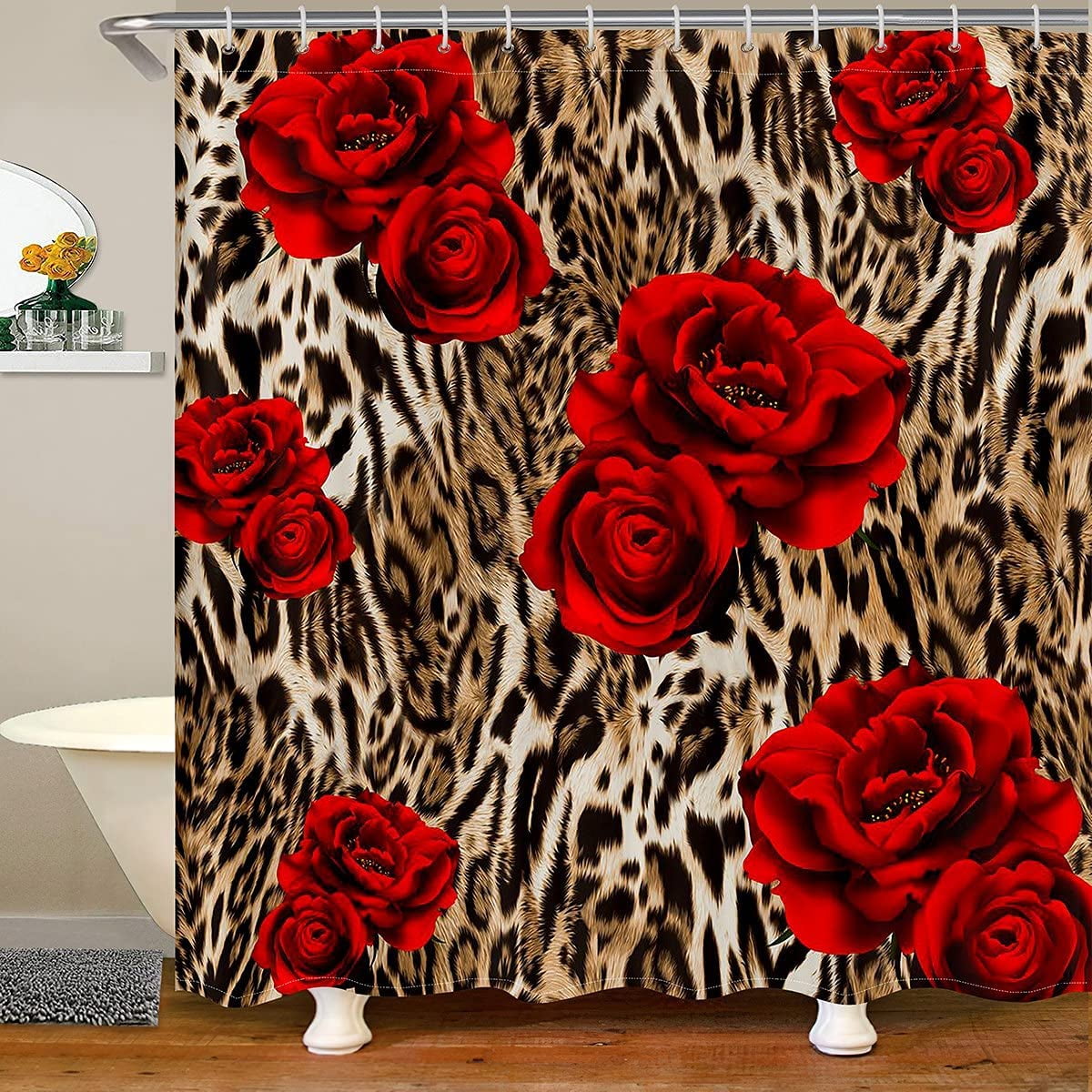 Leopard Print Shower Curtain, Red Rose Bath Curtain, Brown Cheetah ...