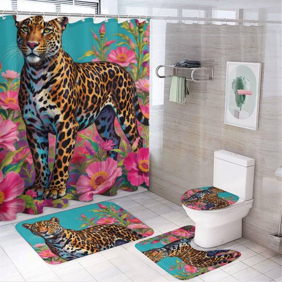 Leopard Print Shower Curtain Set 4-Set Jungle Animal Theme Bathroom Decor Set Includes Floor Mat ,Toilet Cover Mat ,U-Mat ,Shower Curtain with 12 Hooks,72inx72in