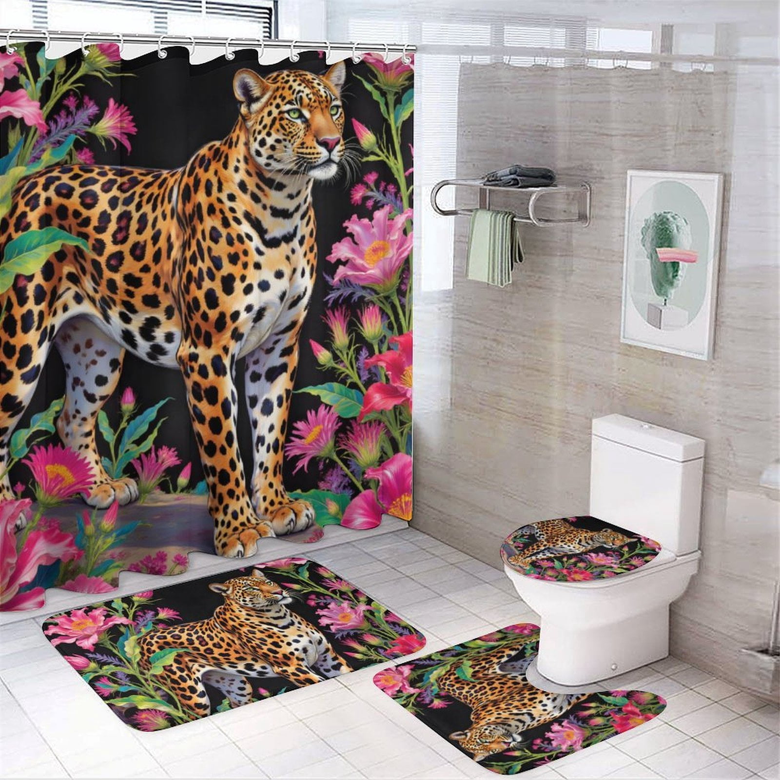 Leopard Print Shower Curtain Set 4-Set Jungle Animal Theme Bathroom ...