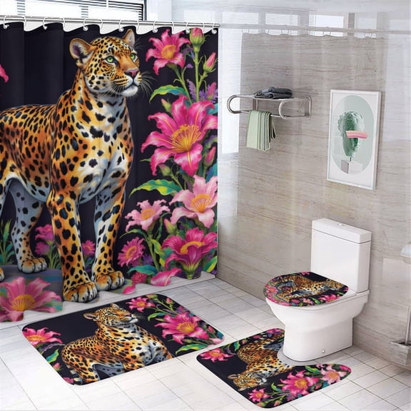 Leopard Print Shower Curtain Set 4-Set Jungle Animal Theme Bathroom Decor Set Includes Floor Mat ,Toilet Cover Mat ,U-Mat ,Shower Curtain with 12 Hooks,72inx72in