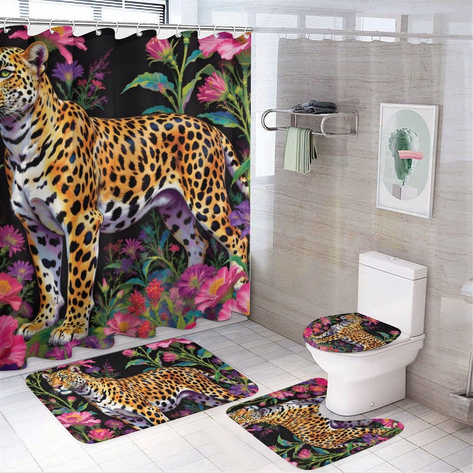 Leopard Print Shower Curtain Set 4-Set Jungle Animal Theme Bathroom ...