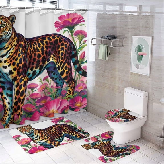 Leopard Print Shower Curtain Set 4-Set Jungle Animal Theme Bathroom Decor Set Includes Floor Mat ,Toilet Cover Mat ,U-Mat ,Shower Curtain with 12 Hooks,72inx72in