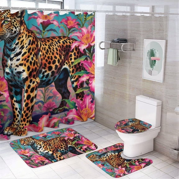 Leopard Print Shower Curtain Set 4-Set Jungle Animal Theme Bathroom Decor Set Includes Floor Mat ,Toilet Cover Mat ,U-Mat ,Shower Curtain with 12 Hooks,72inx72in