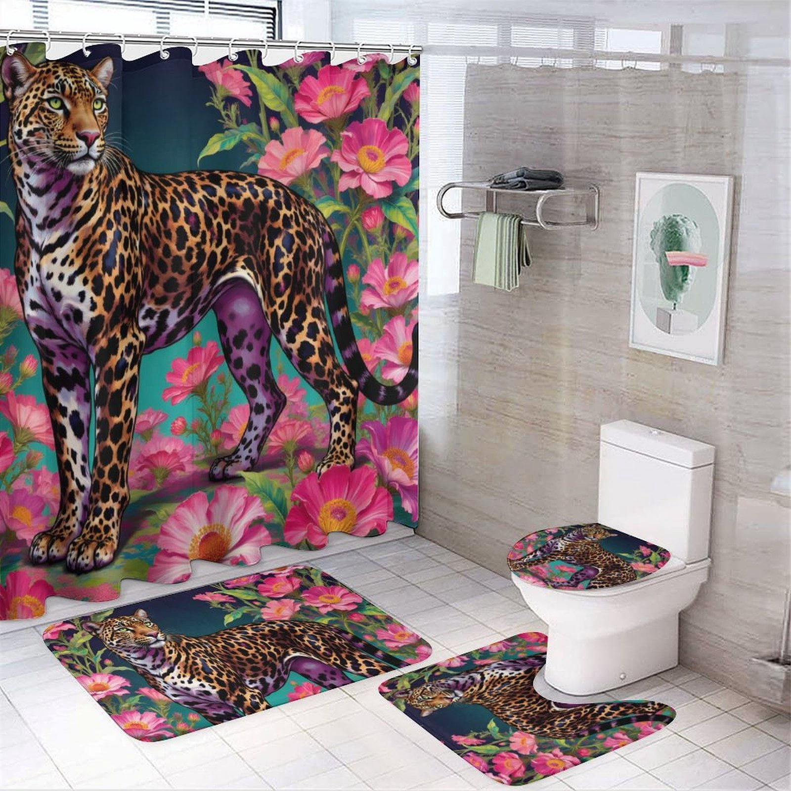Leopard Print Shower Curtain Set 4-Set Jungle Animal Theme Bathroom ...