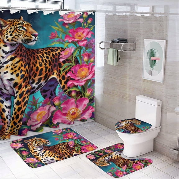 Leopard Print Shower Curtain Set 4-Set Jungle Animal Theme Bathroom Decor Set Includes Floor Mat ,Toilet Cover Mat ,U-Mat ,Shower Curtain with 12 Hooks,72inx72in