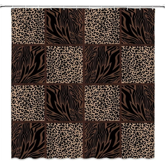 Leopard Print Shower Curtain Skin Pattern Geometric Square Stripe Splice Patchwork Wild Safari Animal Powerful Panthera Big Cat African Creative Bath Curtain Decor Fabric with Hooks