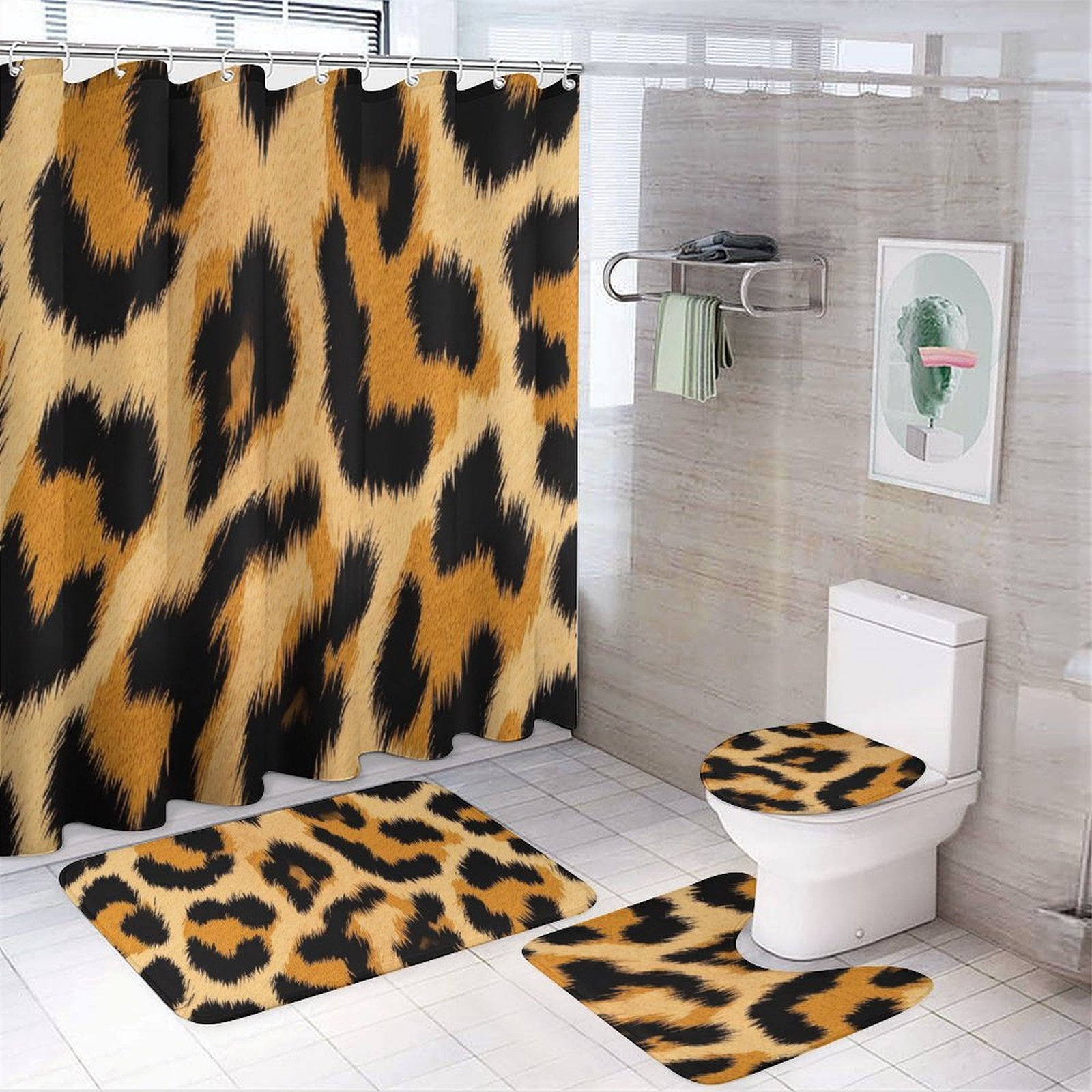 Leopard Print Shower Curtain Waterproof Bathroom Curtain Set with Hooks Home Decor Bathroom Curtains 4pcs