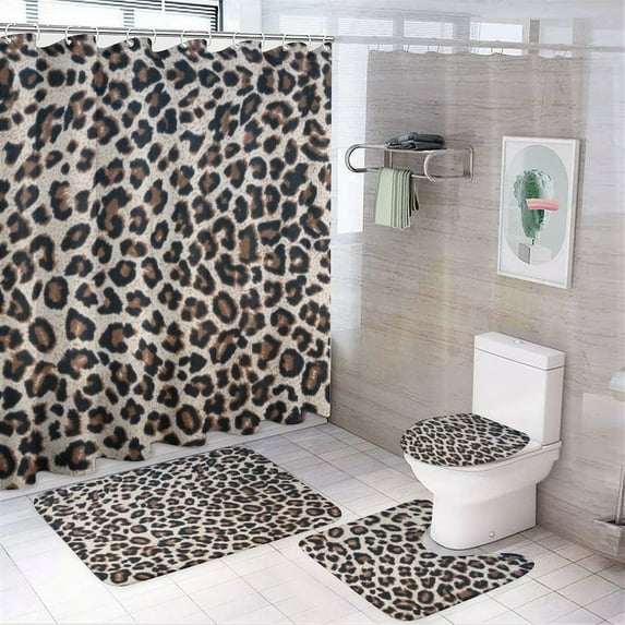 Leopard Print Shower Curtain Waterproof Bathroom Curtain Set with Hooks Home Decor Bathroom Curtains 4pcs