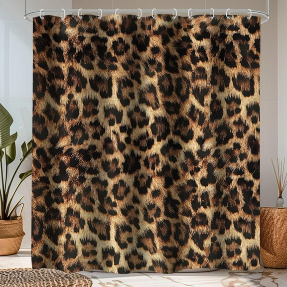 Leopard Print Shower Curtain Wild Safari Skin Pattern Powerful Cheetah Cat Panthera Black Brown Fur Wildlife Waterproof Bathroom Home Decor 12 Plastic Hooks