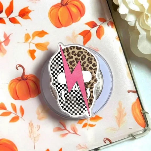 Leopard Print Skeleton Magnetic Phone Grip, Aesthetic Retro Rocker Mama Magsafe Kickstand, Trendy Wild Cheetah Skull Mother's Day Gift