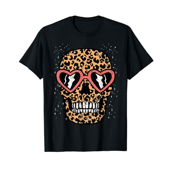 Leopard Print Skull Skeleton Funny Halloween Women T-Shirt