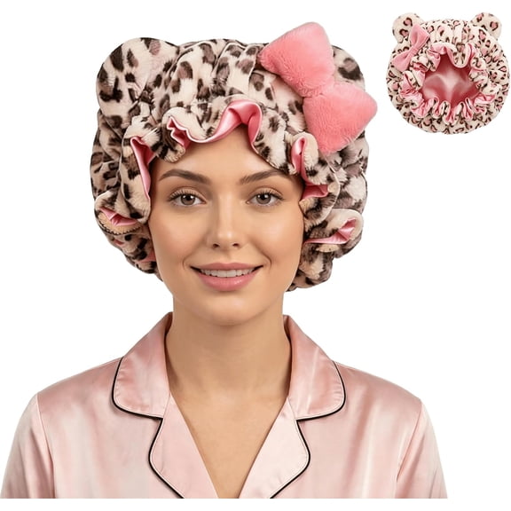 Leopard Print Sleep Bonnet with Stylish Bow — Women's Hair Protecting Spa Headband (Pink) w/ Comfortable Satin Lining & Teddy Fabric
