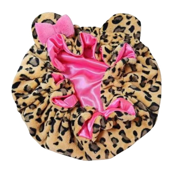 Leopard Print Sleep Bonnet with Stylish Bow — Women's Hair Protecting Spa Headband (Pink) w/ Comfortable Satin Lining & Teddy Fabric