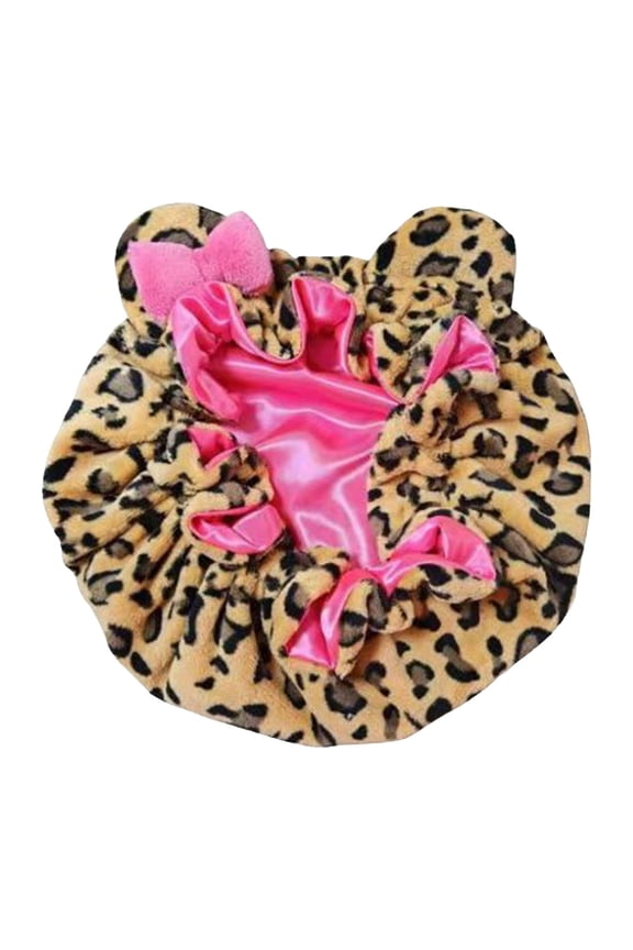 Leopard Print Sleep Bonnet with Stylish Bow — Women's Hair Protecting Spa Headband (Pink) w/ Comfortable Satin Lining & Teddy Fabric
