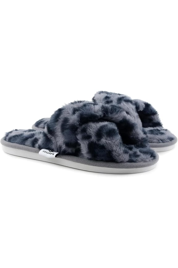 Leopard Print Slippers for Women, Faux Fur Fuzzy Memory Foam Slides/ Comfy Footwear, Navy Blue, 12
