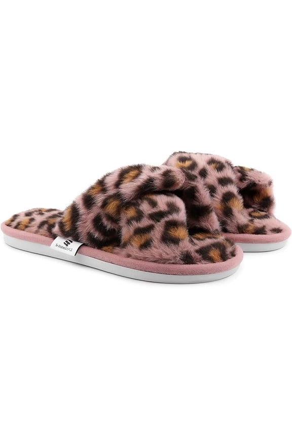 Leopard Print Slippers for Women, Faux Fur Fuzzy Memory Foam Slides/ Comfy Footwears, Pink, 9