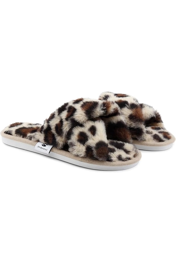 Leopard Print Slippers for Women, Faux Fur Memory Foam Slides/ Comfy Footwear, Cream White, 7