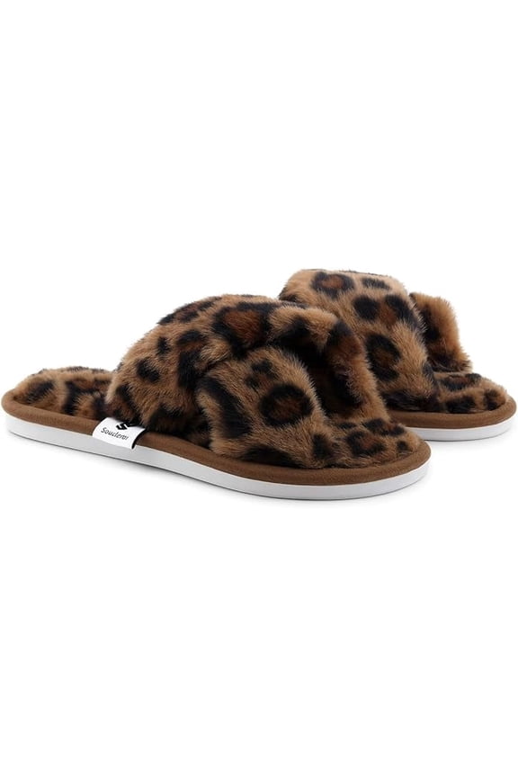 Leopard Print Slippers for Women, Faux Fur Memory Foam Slides/ Comfy Footwears, Brown, 9