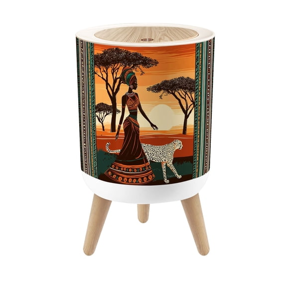 Leopard Print Small Trash Can with Lid African Inspired Woman Walking Cheetah Sunset 1.8 Gallon Dog Proof Trash Can Round Garbage Can Waste Bin Wastebasket for Bathroom Bedroom Living Room