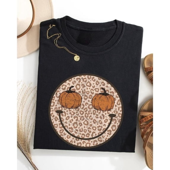 Leopard Print Smiley Graphic Tee Halloween Pumpkin Design Retro Fall Autumn Comfort T-Shirt Black S-5XL