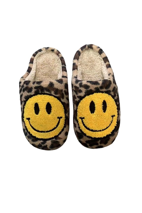 Leopard Print Smiling Face Cotton Slippers Women & Men Coral fleece Warm Comfortable Home Cotton Slippers for Winter Size 37-44