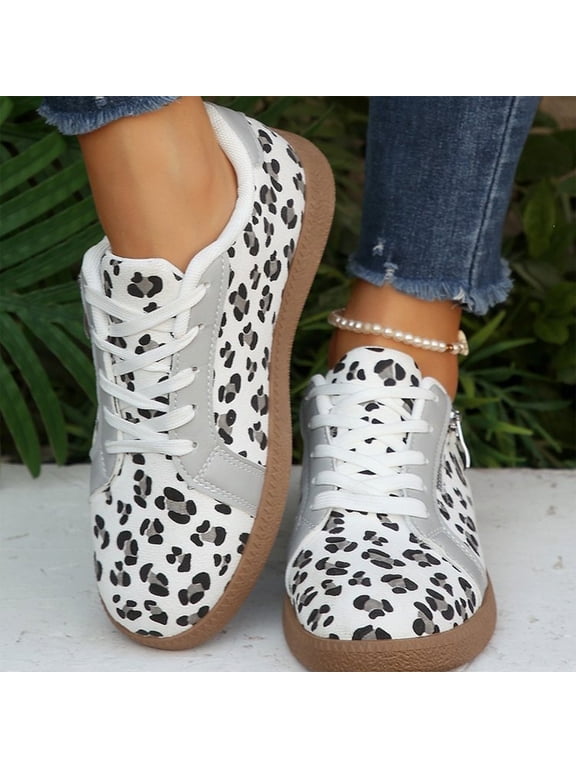 Leopard Print Sneakers for Women, Vintage Color Block Casual Shoes with Decorative Zipper, Lace Up Flat Comfortable Platform Walking Shoes