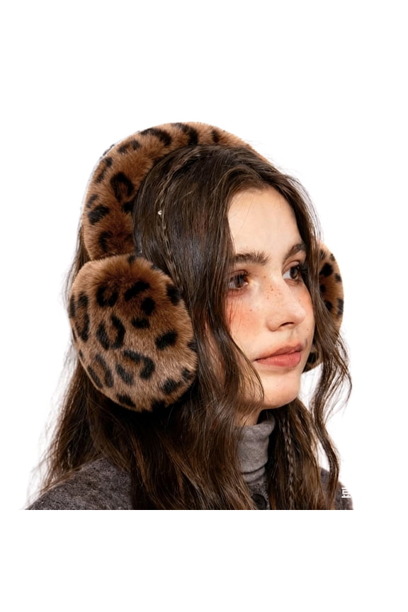 Leopard Print Soft Earmuffs, Plush Warm Winter Ear Protection with Velvet Lining, Cute Foldable Cold Weather Ear Muffs, Comfortable Windproof Ear Cover for Outdoor Activities and Daily Commute Coffee