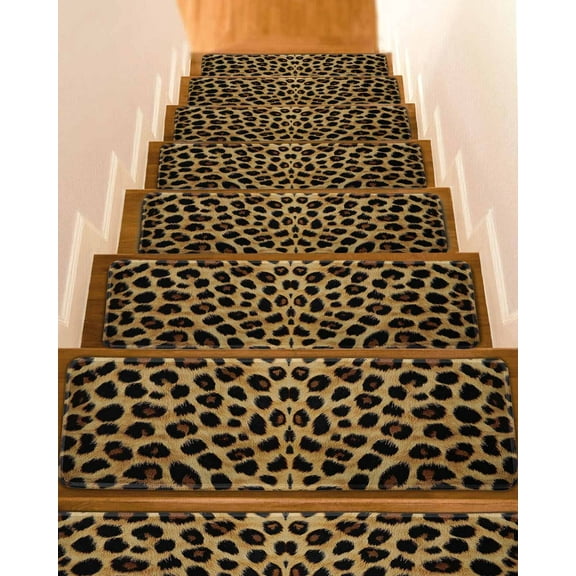 Leopard Print Stair Treads for Wooden Steps Indoor Runner Rug Carpet, Brown Yellow Retro Animal Fur Pattern 10 Pieces Peel and Stick Staircase Step Treads Covers Washable Throw Door Mats, 30"x8"