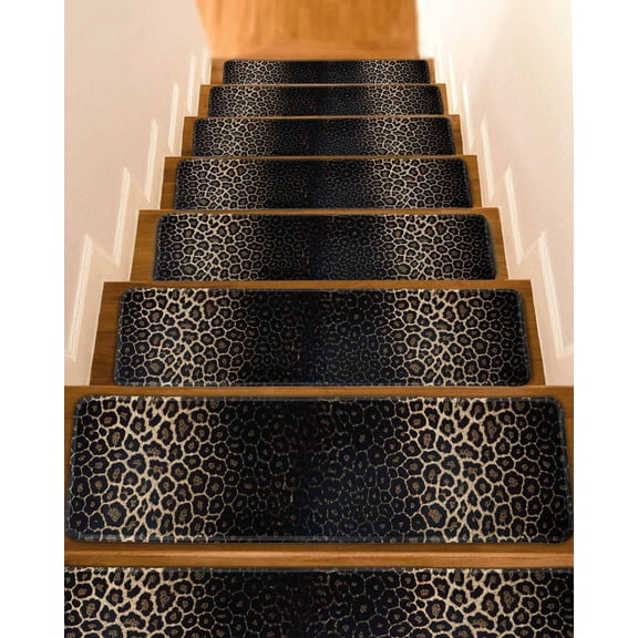 Leopard Print Stair Treads for Wooden Steps Indoor Runner Rug Carpet, Chic Abstract Black Brown Animals Texture 4 Pieces Peel and Stick Staircase Step Treads Covers Washable Throw Door Mats, 30"x8"