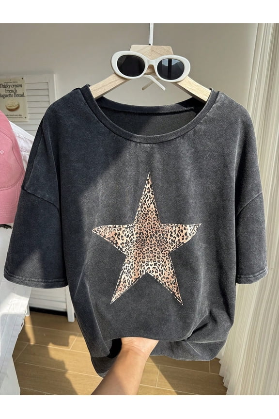 Leopard Print Star Vintage Oversized Washed High Street Grunge Y2K Short Sleeve Crewneck Cotton Unisex Men's Women's Tee Shirt