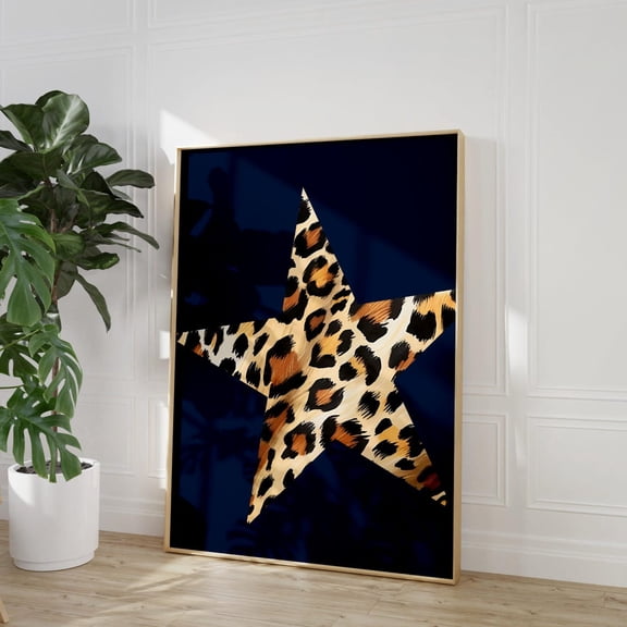 Leopard Print Star Wall Art Navy Blue Safari Glam Statement Decor, Unframed Canvas 8x10in