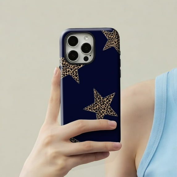 Leopard Print Starry Navy Blue Y2K Phone Case, Bold Night Pattern 17 16 15 14 13 12 11 Pro Max