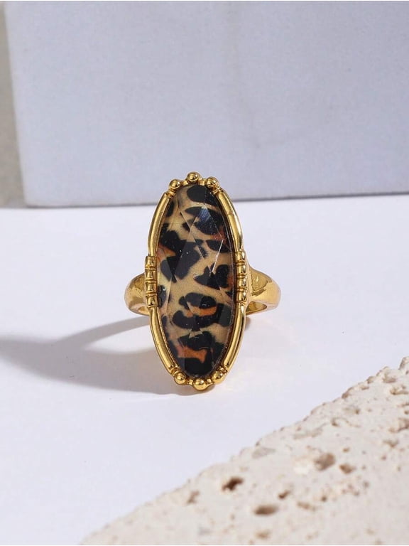 Leopard Print Stone Goldtone Fashion Ring For Women Elegant Daily Wear