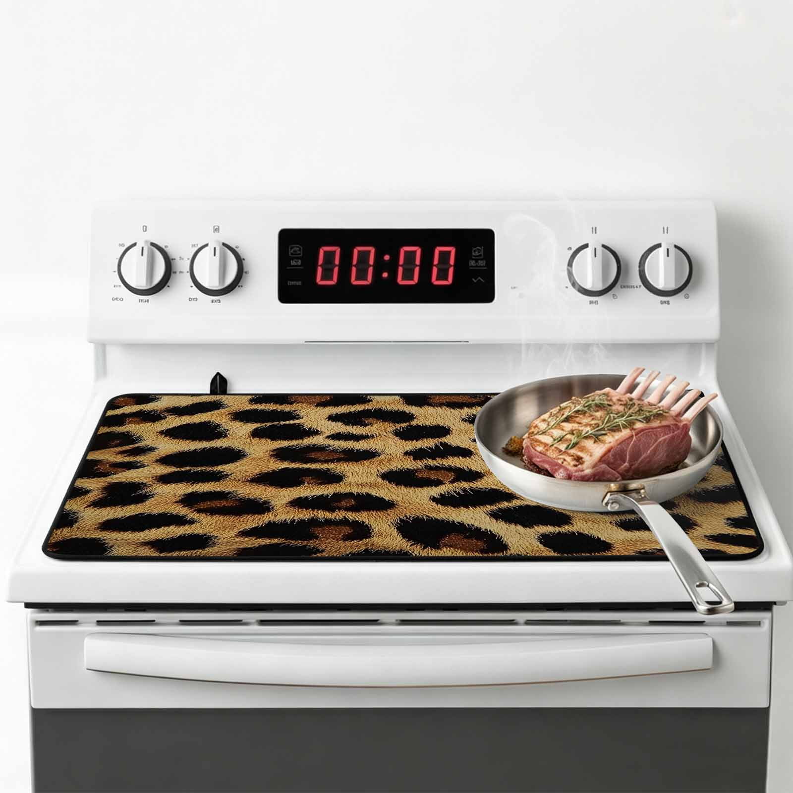 Leopard Print Stove Top Cover for Electric Stove, Heat-proof & Non Slip Glass Top Stove Cover Protector, Brown Yellow Retro Animal Fur Pattern Kitchen Flat Cooktop Rubber Mat 24x21 Inches