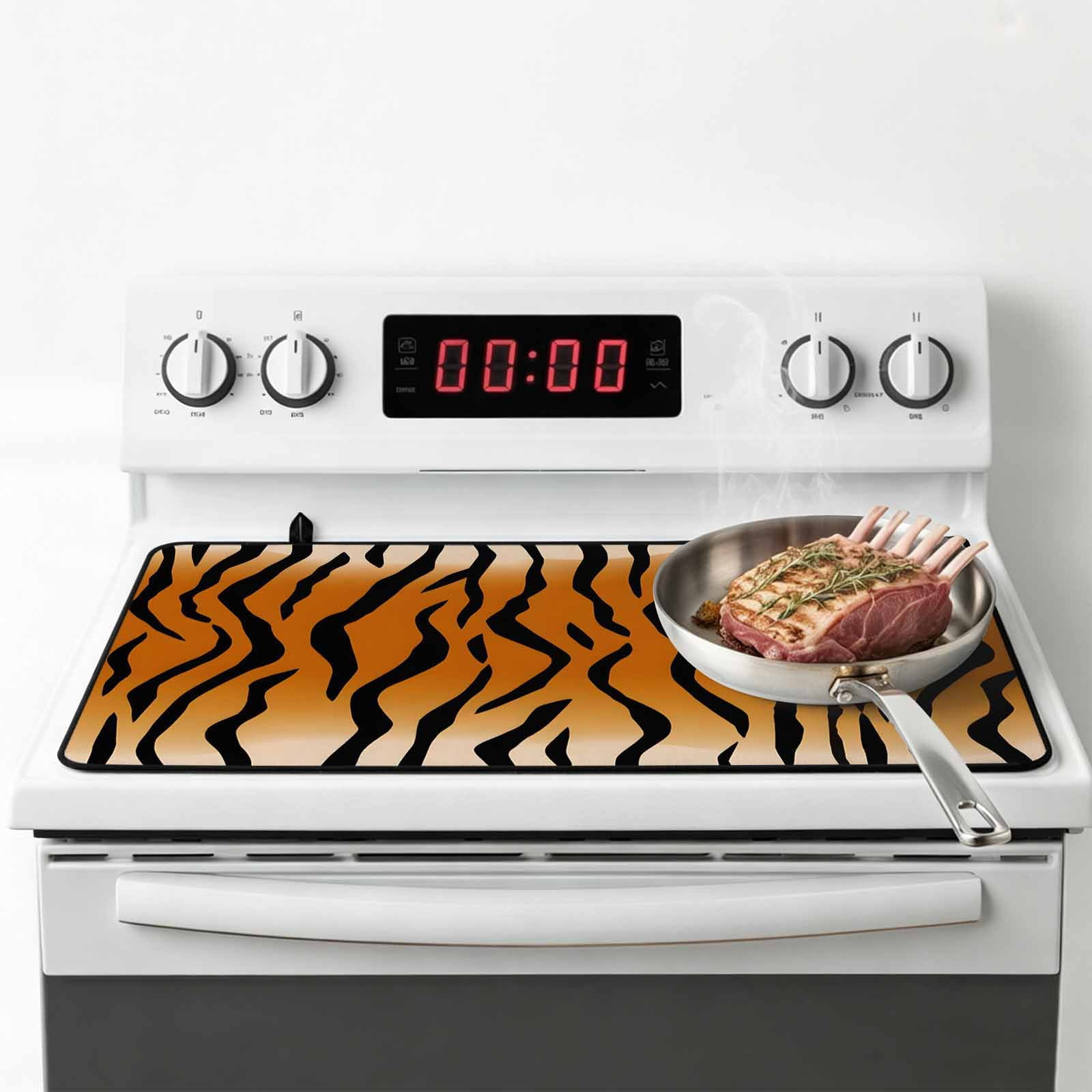 Leopard Print Stove Top Cover for Electric Stove, Heat-proof & Non Slip Glass Top Stove Cover Protector, Farmhouse Brown Black Animal Texture Kitchen Flat Cooktop Rubber Mat 24x21 Inches