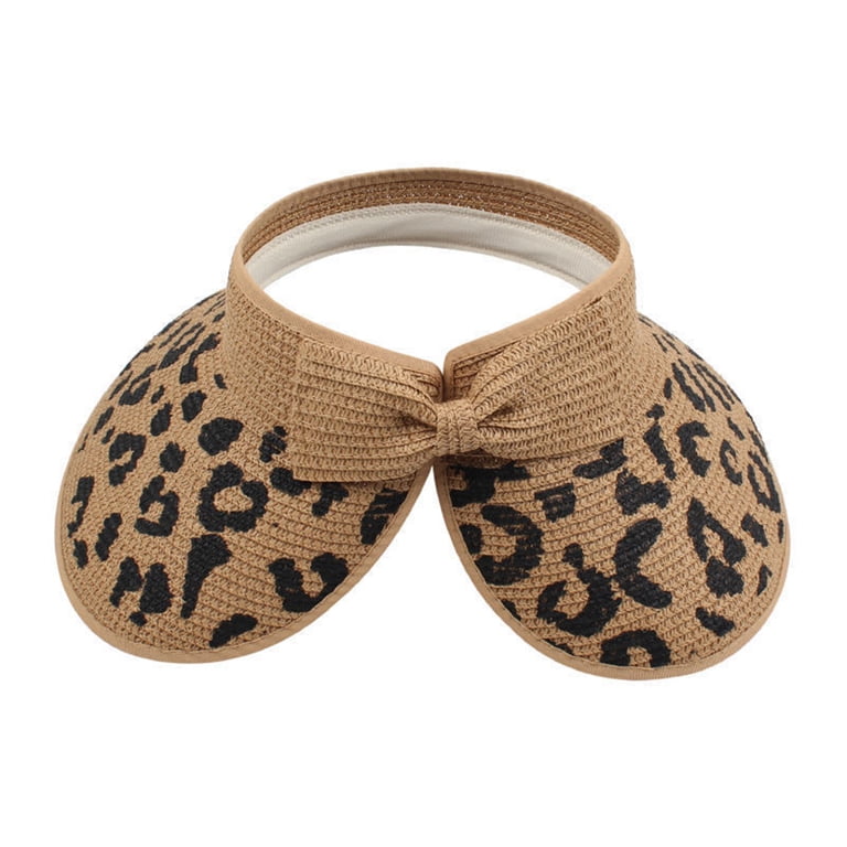 Women\'s Leopard Print Wide Brim Straw Sun Visor UV Protection Foldable Beach Hat Brown Skin Texture Leopard Print Foldable Extra Large Womens  main image 2