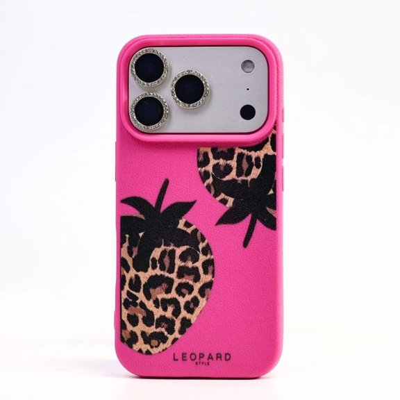Leopard-Print Strawberry Pattern iPhone 17/16/15/14/13 Pro/Plus/Pro Max Phone Case. Shockproof and drop-resistant phone protector with adorable strawberry design, specifically crafted for women.