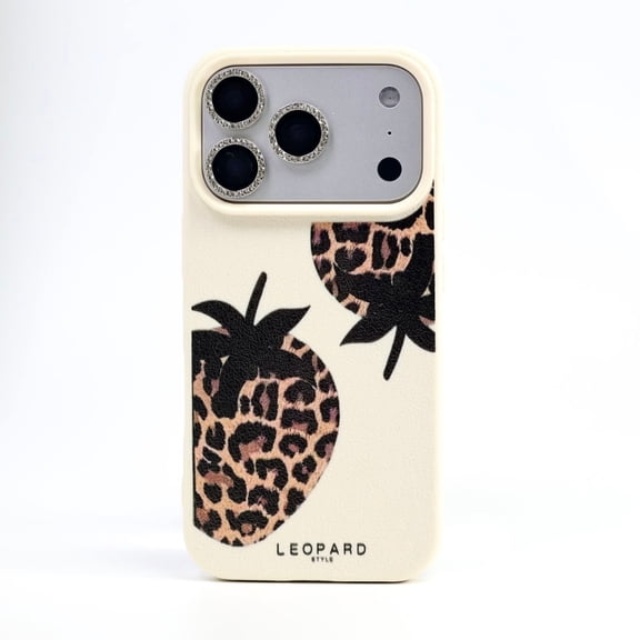 Leopard-Print Strawberry Pattern iPhone 17/16/15/14/13 Pro/Plus/Pro Max Phone Case. Shockproof and drop-resistant phone protector with adorable strawberry design, specifically crafted for women.