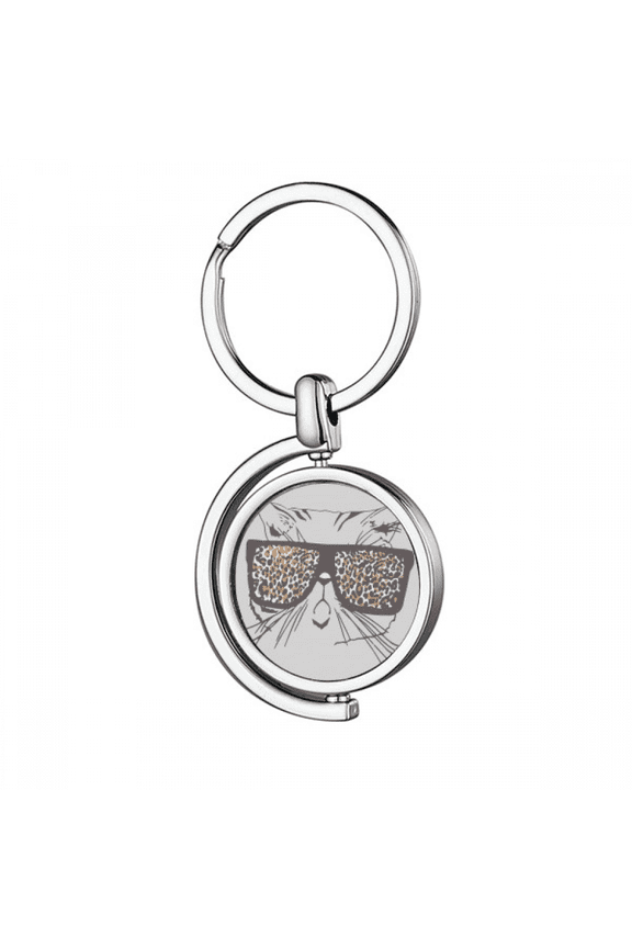 Leopard Print Sunglass Cat Head Animal Rotating Keychain Metal Keyring Holder