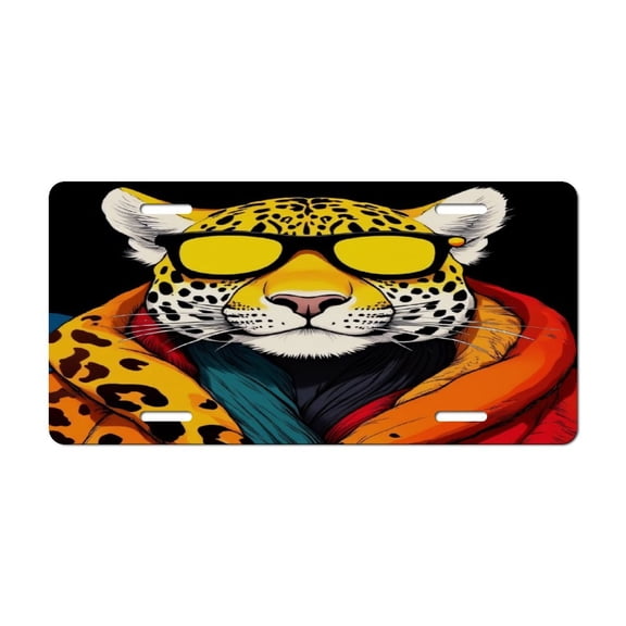 Leopard Print Sunglasses Scarf Car Decorative Front License Plate,Vanity Tag,Metal Car Plate,Aluminum Novelty License Plate for Men/Women Car,6 X 12 Inch
