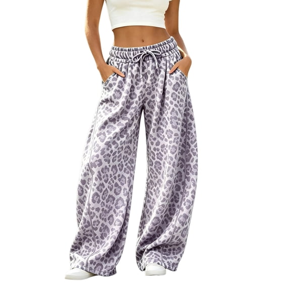 Leopard Print Sweatpants Women High Elastic Waist Wide Leg Pants with Drawstring Side Pockets Casual Relaxed Fit Trousers
