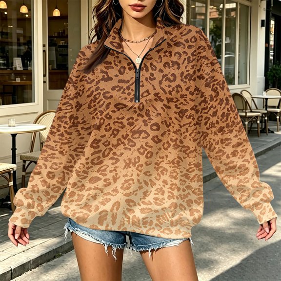 Leopard Print Sweatshirt with Ombre Gradient and Half Zip Stand Collar, loose long sleeve pullover for women for fall spring shopping casual hangouts daily outings Yellow S