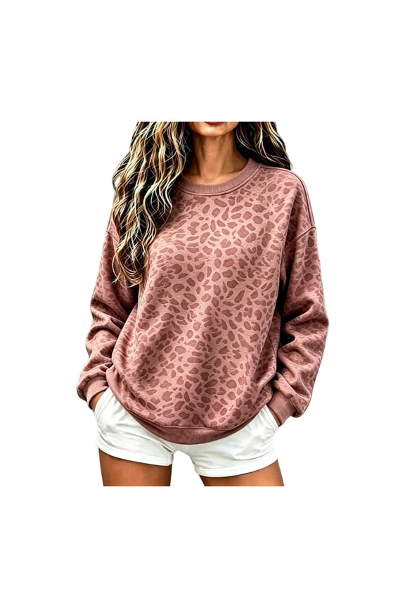Leopard Print Sweatshirt Women Y2K Cheetah Oversized Crewneck Pullover Tops, M