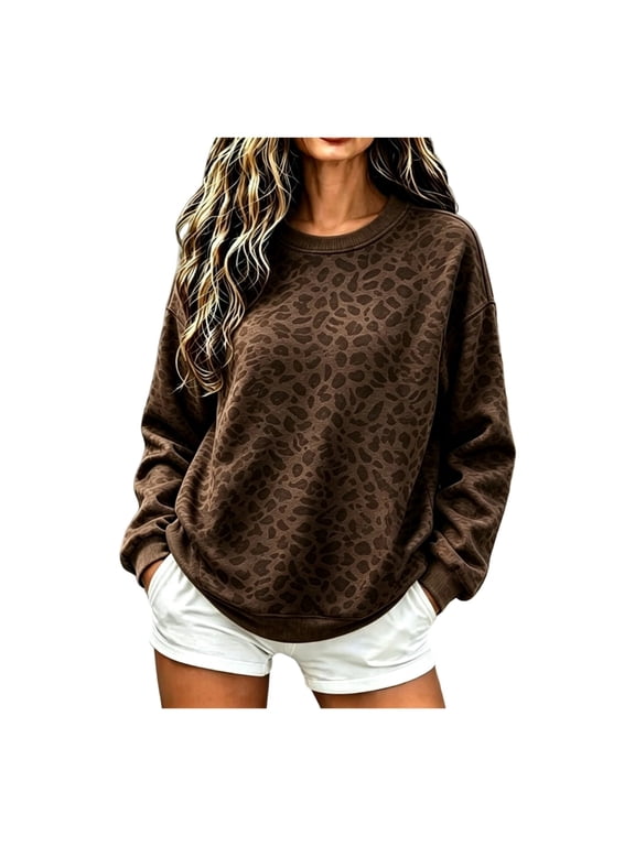 Leopard Print Sweatshirt Women Y2K Cheetah Oversized Crewneck Pullover Tops, M