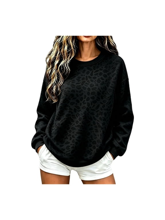 Leopard Print Sweatshirt Women Y2K Cheetah Printed Oversized Crewneck Pullover Tops, M